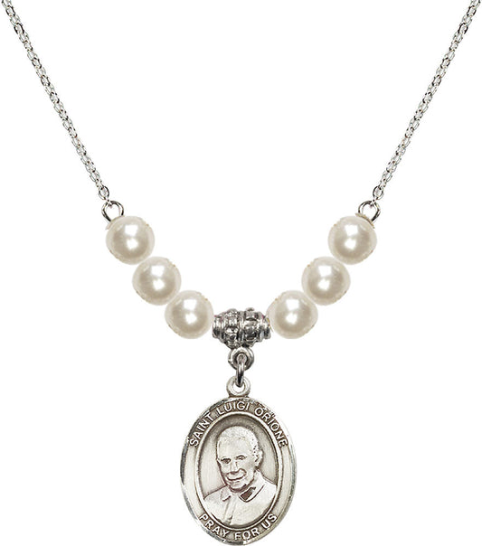 Sterling Silver Saint Luigi Orione Birthstone Necklace with Faux-Pearl Beads - 8326