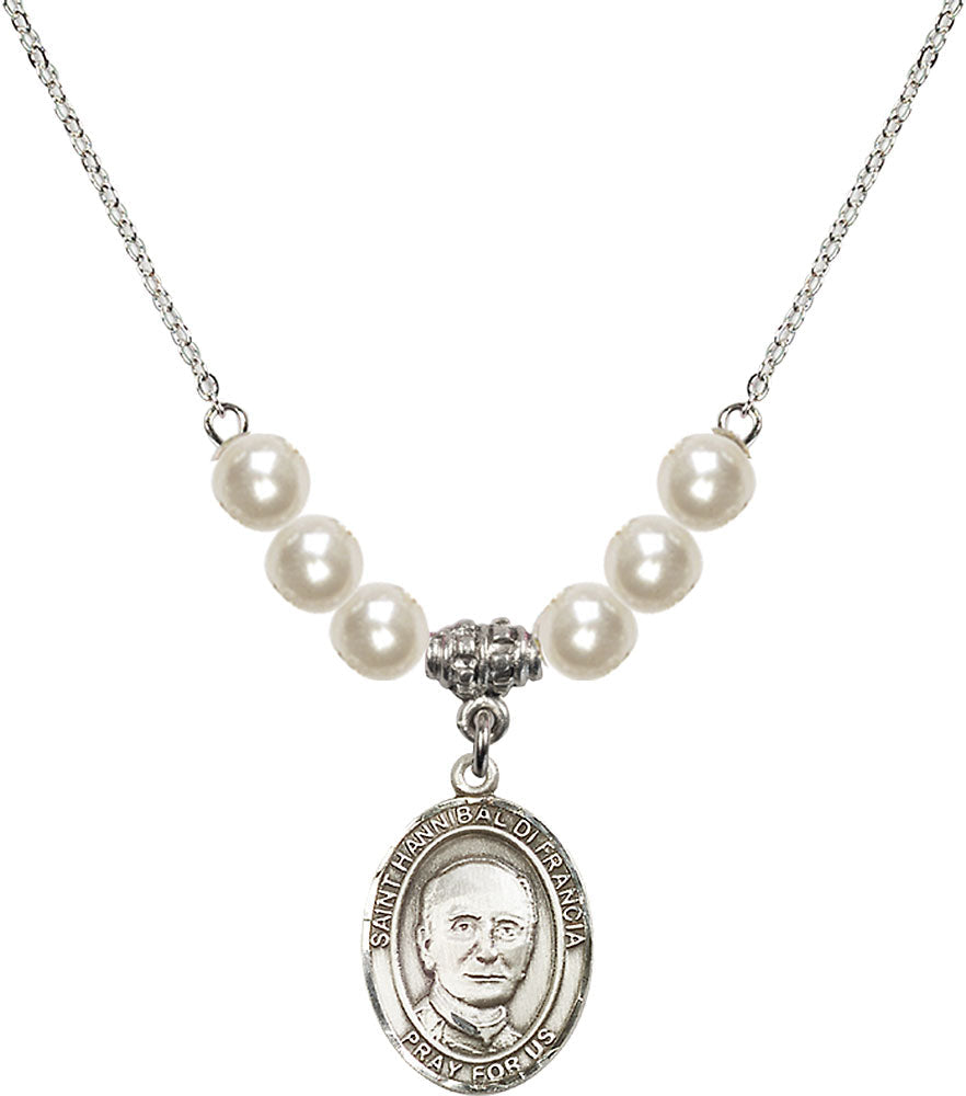 Sterling Silver Saint Hannibal Birthstone Necklace with Faux-Pearl Beads - 8327