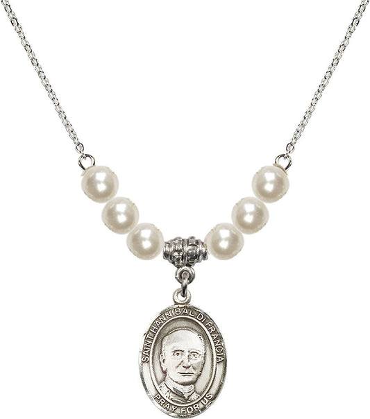 Sterling Silver Saint Hannibal Birthstone Necklace with Faux-Pearl Beads - 8327