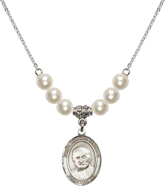 Sterling Silver Saint Arnold Janssen Birthstone Necklace with Faux-Pearl Beads - 8328