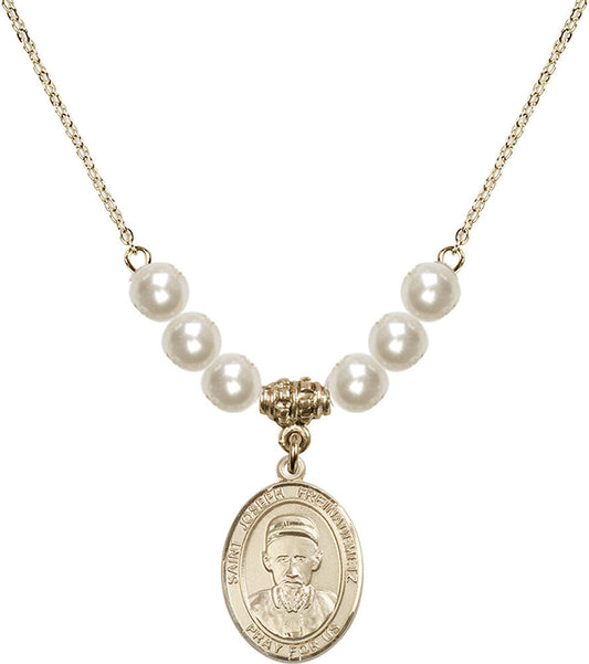 14kt Gold Filled Saint Joseph Freinademetz Birthstone Necklace with Faux-Pearl Beads - 8329