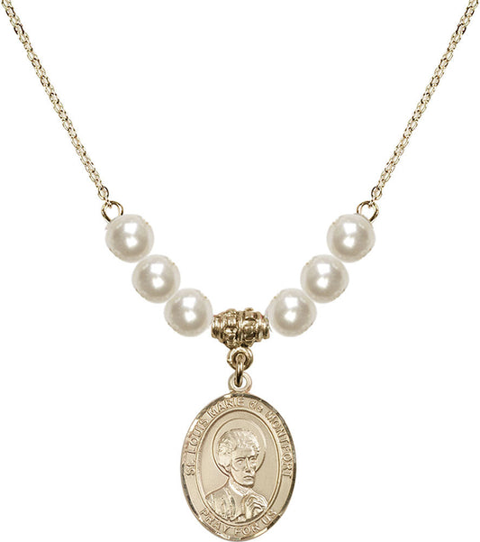 14kt Gold Filled Saint Louis Marie de Montfort Birthstone Necklace with Faux-Pearl Beads - 8330