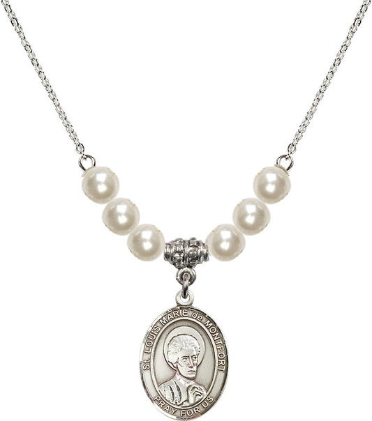 Sterling Silver Saint Louis Marie de Montfort Birthstone Necklace with Faux-Pearl Beads - 8330