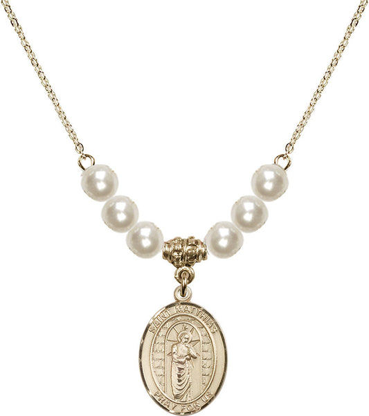 14kt Gold Filled Saint Matthias the Apostle Birthstone Necklace with Faux-Pearl Beads - 8331