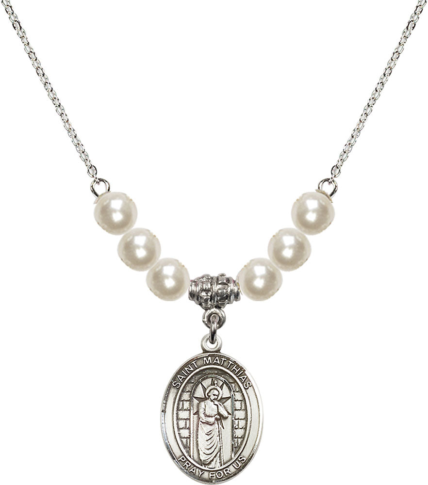 Sterling Silver Saint Matthias the Apostle Birthstone Necklace with Faux-Pearl Beads - 8331