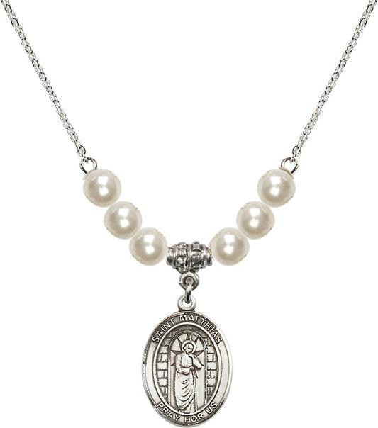 Sterling Silver Saint Matthias the Apostle Birthstone Necklace with Faux-Pearl Beads - 8331