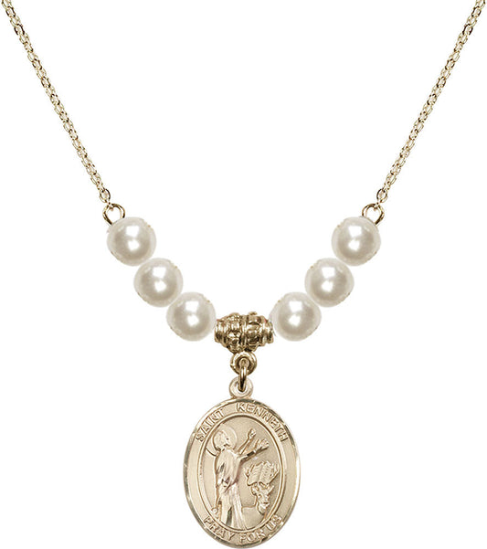 14kt Gold Filled Saint Kenneth Birthstone Necklace with Faux-Pearl Beads - 8332