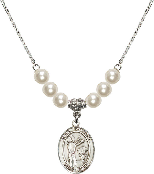 Sterling Silver Saint Kenneth Birthstone Necklace with Faux-Pearl Beads - 8332