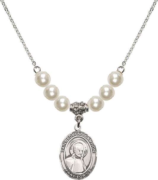 Sterling Silver Saint Edmund Campion Birthstone Necklace with Faux-Pearl Beads - 8333