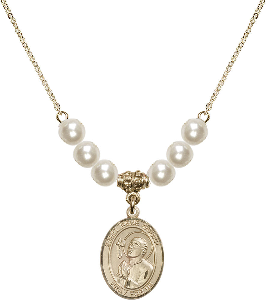 14kt Gold Filled Saint Rene Goupil Birthstone Necklace with Faux-Pearl Beads - 8334