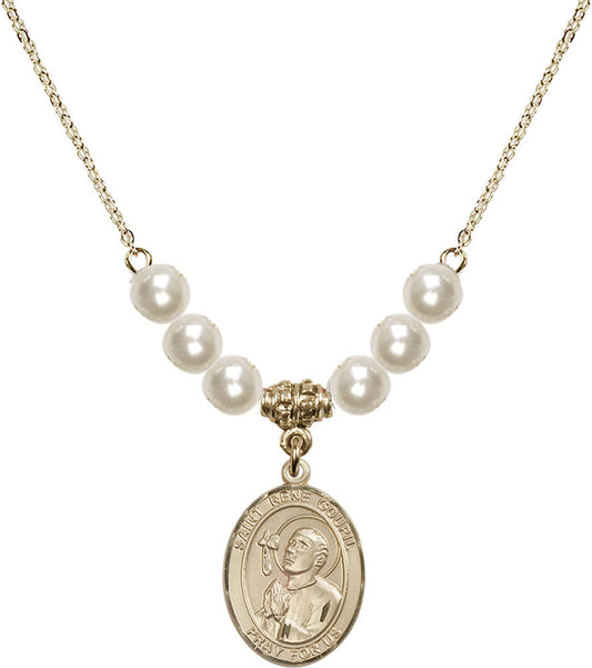 14kt Gold Filled Saint Rene Goupil Birthstone Necklace with Faux-Pearl Beads - 8334