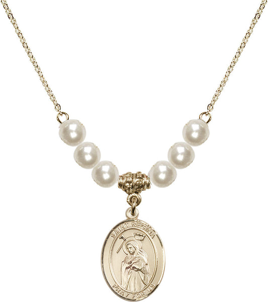 14kt Gold Filled Saint Regina Birthstone Necklace with Faux-Pearl Beads - 8335
