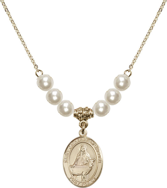 14kt Gold Filled Saint Catherine of Sweden Birthstone Necklace with Faux-Pearl Beads - 8336