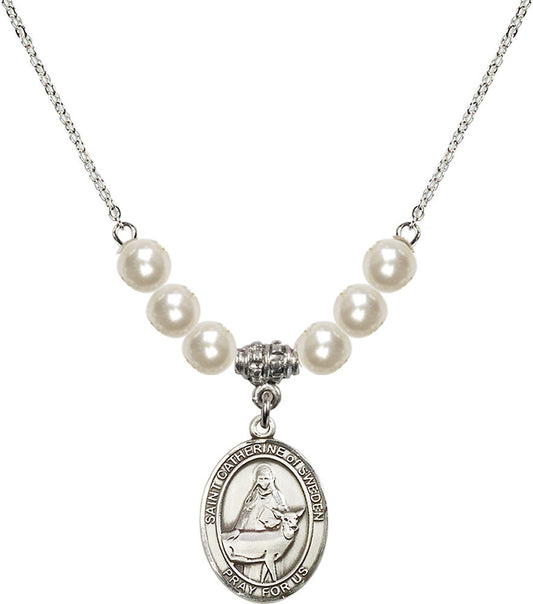 Sterling Silver Saint Catherine of Sweden Birthstone Necklace with Faux-Pearl Beads - 8336