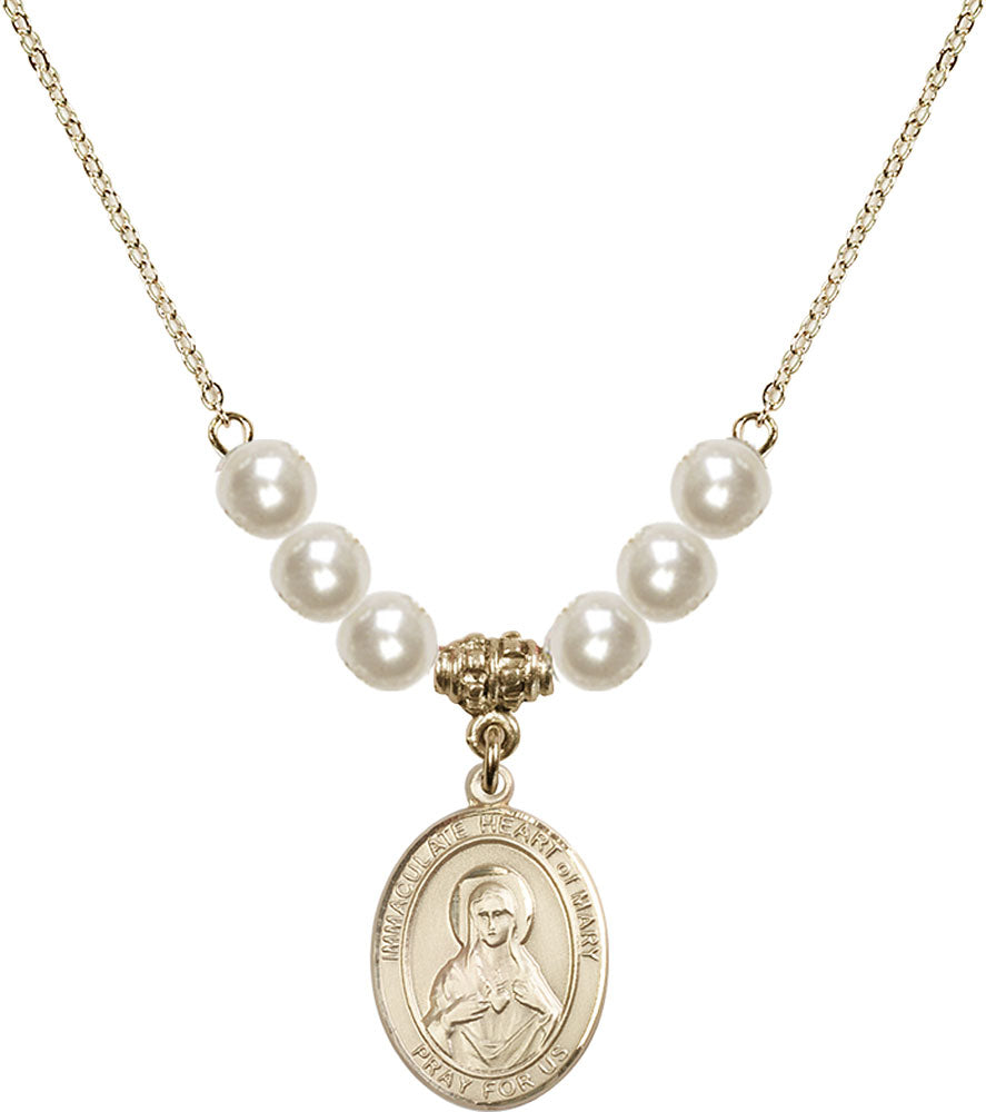 14kt Gold Filled Immaculate Heart of Mary Birthstone Necklace with Faux-Pearl Beads - 8337