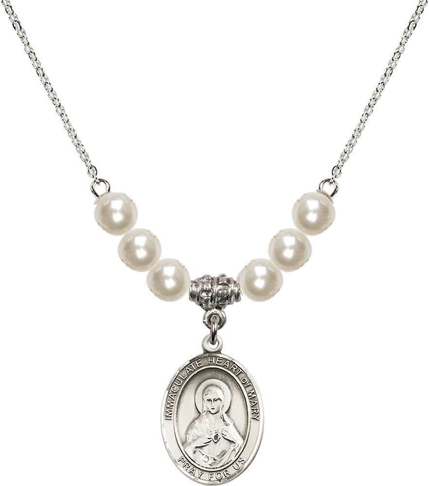 Sterling Silver Immaculate Heart of Mary Birthstone Necklace with Faux-Pearl Beads - 8337