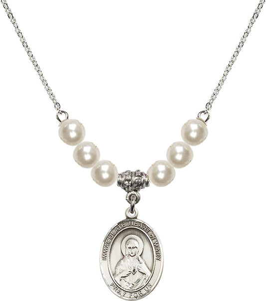 Sterling Silver Immaculate Heart of Mary Birthstone Necklace with Faux-Pearl Beads - 8337