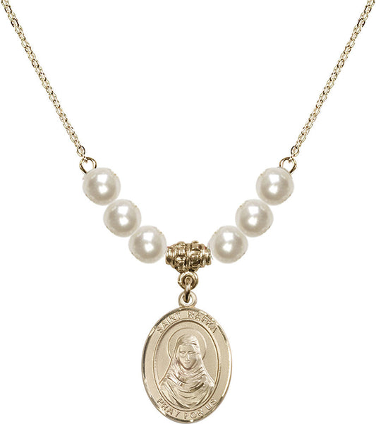 14kt Gold Filled Saint Rafka Birthstone Necklace with Faux-Pearl Beads - 8338