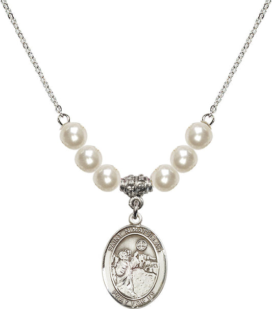 Sterling Silver Saint Nimatullah Birthstone Necklace with Faux-Pearl Beads - 8339