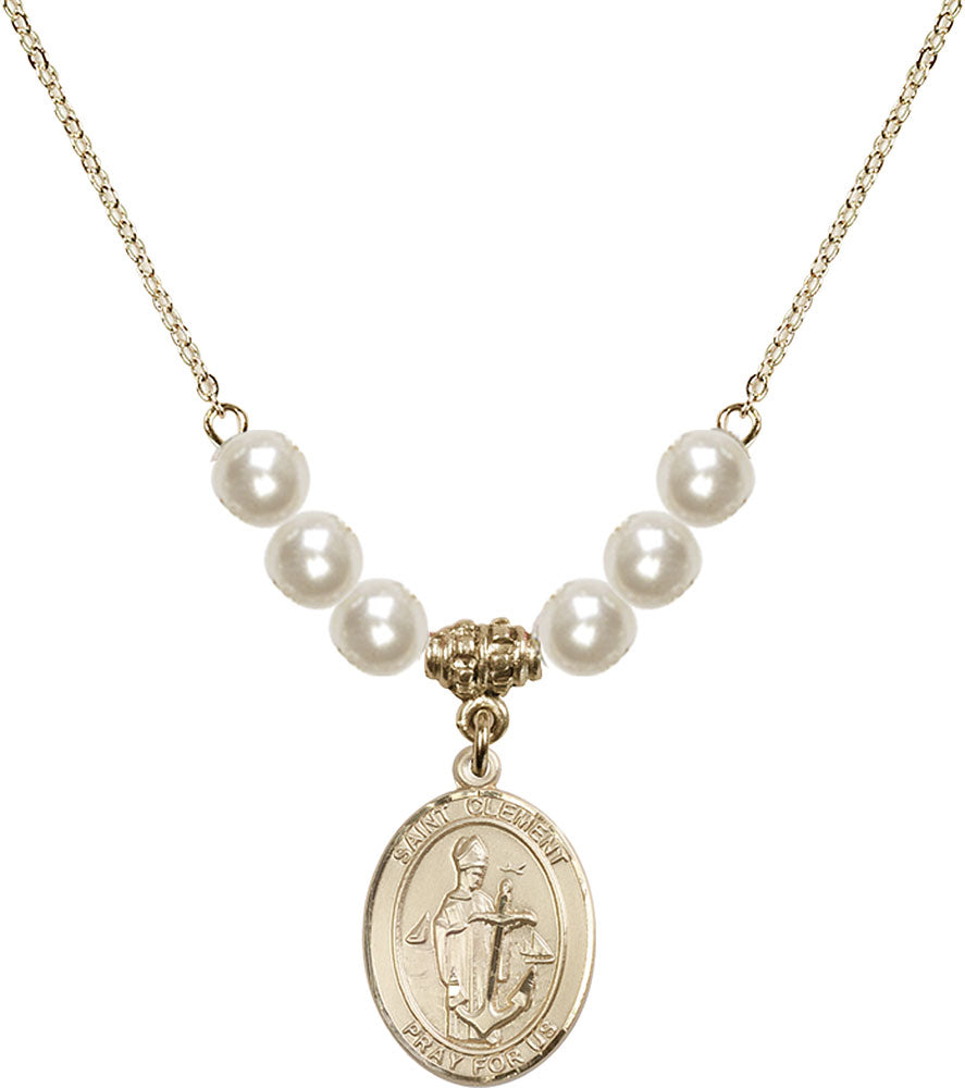 14kt Gold Filled Saint Clement Birthstone Necklace with Faux-Pearl Beads - 8340