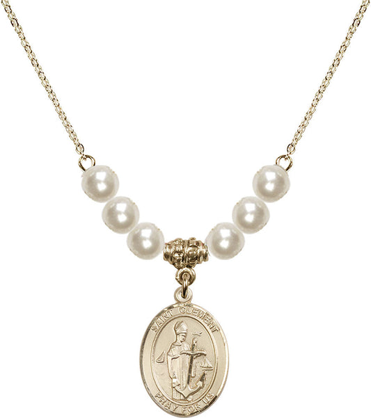 14kt Gold Filled Saint Clement Birthstone Necklace with Faux-Pearl Beads - 8340