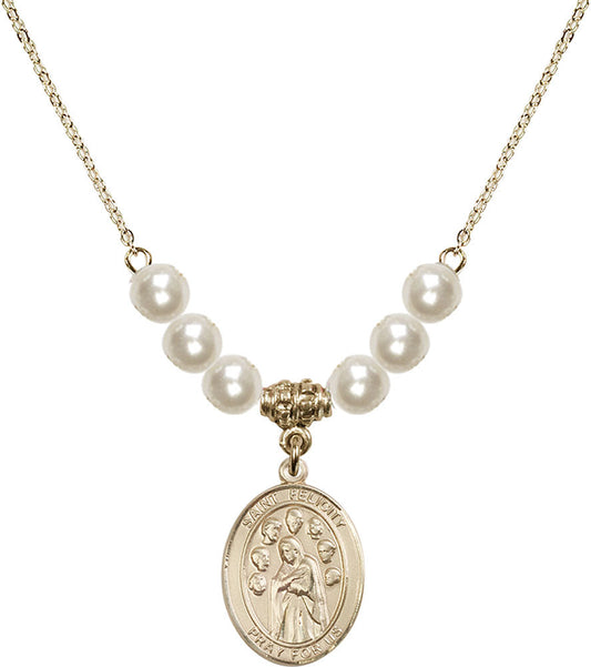 14kt Gold Filled Saint Felicity Birthstone Necklace with Faux-Pearl Beads - 8341