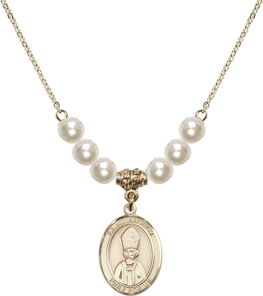 14kt Gold Filled Saint Anselm of Canterbury Birthstone Necklace with Faux-Pearl Beads - 8342