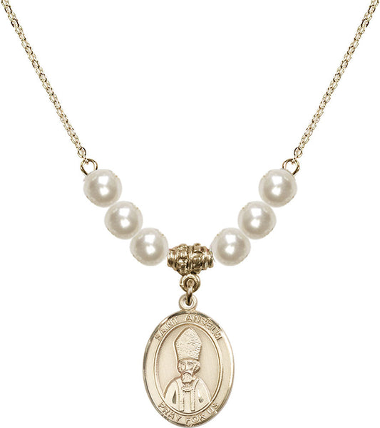 14kt Gold Filled Saint Anselm of Canterbury Birthstone Necklace with Faux-Pearl Beads - 8342