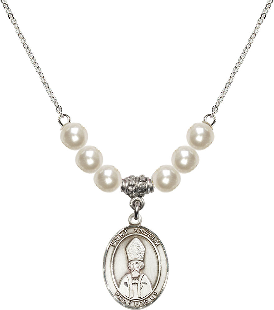 Sterling Silver Saint Anselm of Canterbury Birthstone Necklace with Faux-Pearl Beads - 8342
