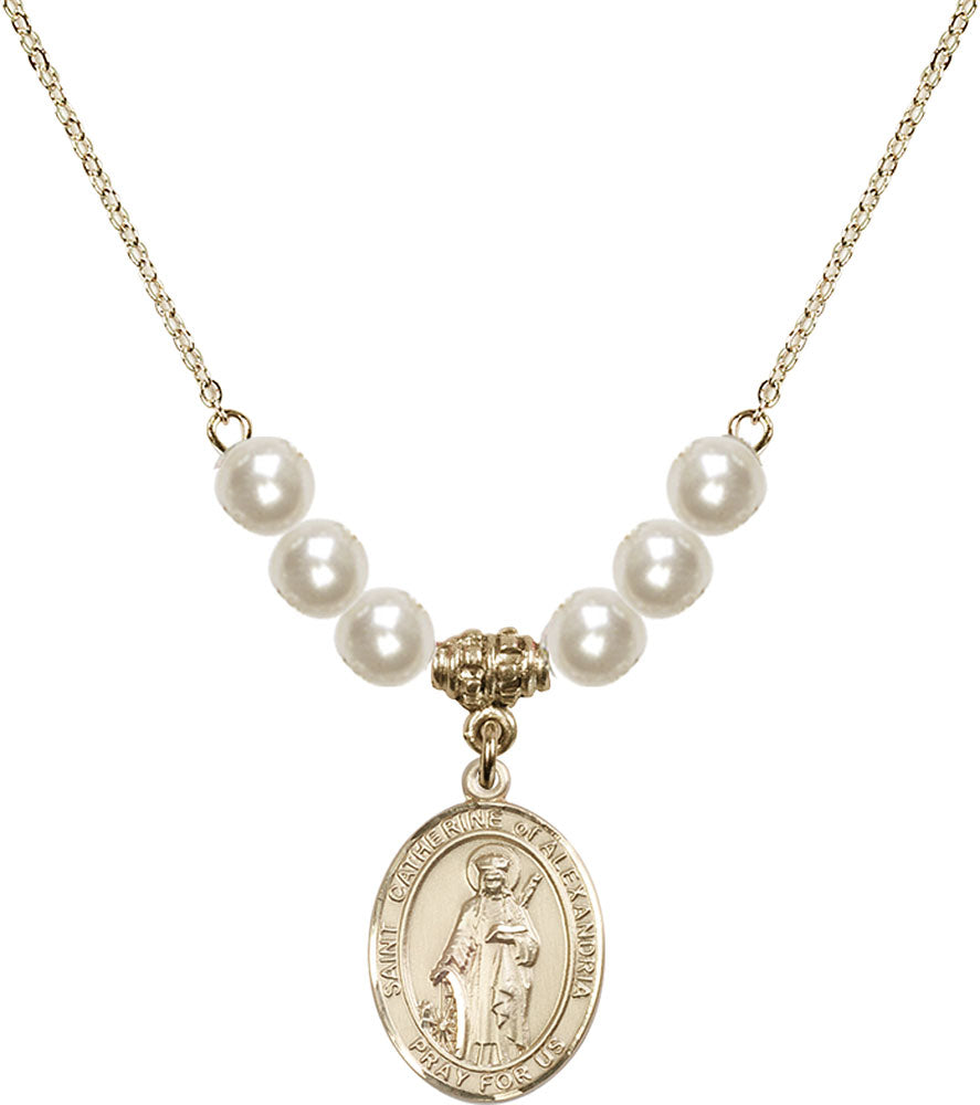 14kt Gold Filled Saint Catherine of Alexandria Birthstone Necklace with Faux-Pearl Beads - 8343