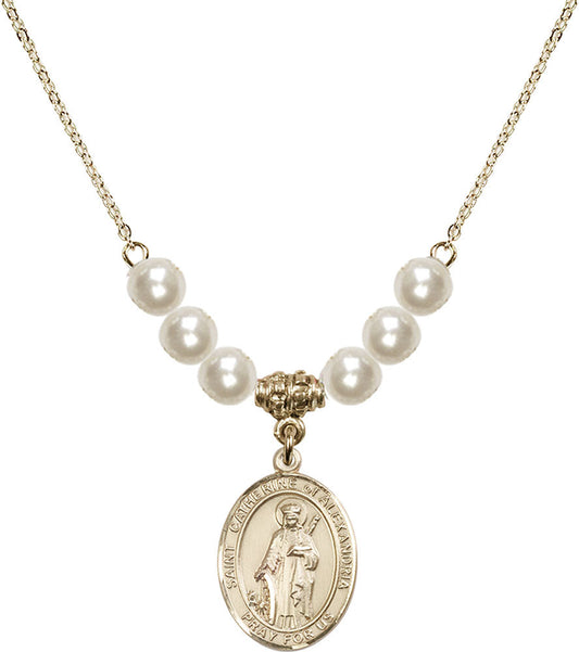 14kt Gold Filled Saint Catherine of Alexandria Birthstone Necklace with Faux-Pearl Beads - 8343