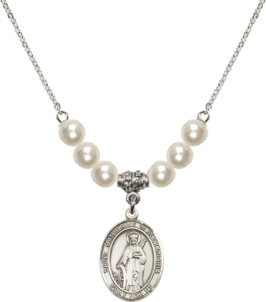 Sterling Silver Saint Catherine of Alexandria Birthstone Necklace with Faux-Pearl Beads - 8343