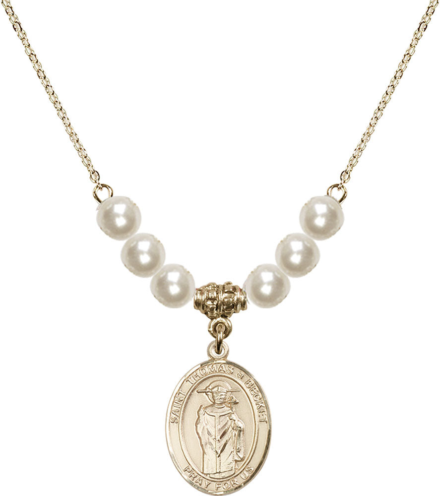 14kt Gold Filled Saint Thomas A Becket Birthstone Necklace with Faux-Pearl Beads - 8344
