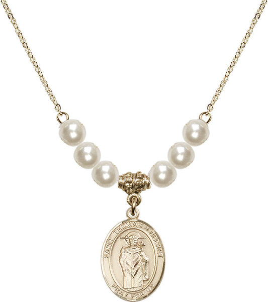 14kt Gold Filled Saint Thomas A Becket Birthstone Necklace with Faux-Pearl Beads - 8344