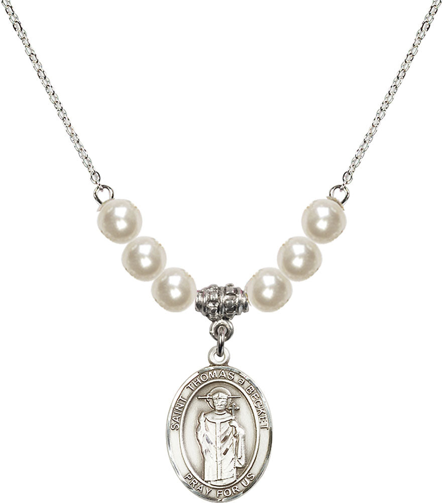Sterling Silver Saint Thomas A Becket Birthstone Necklace with Faux-Pearl Beads - 8344