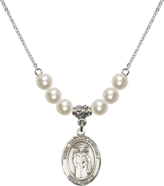 Sterling Silver Saint Thomas A Becket Birthstone Necklace with Faux-Pearl Beads - 8344