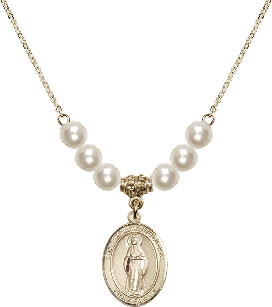 14kt Gold Filled Virgin of the Globe Birthstone Necklace with Faux-Pearl Beads - 8345