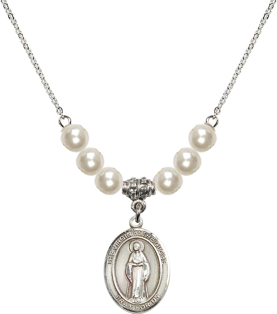 Sterling Silver Virgin of the Globe Birthstone Necklace with Faux-Pearl Beads - 8345