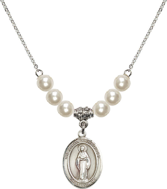 Sterling Silver Virgin of the Globe Birthstone Necklace with Faux-Pearl Beads - 8345
