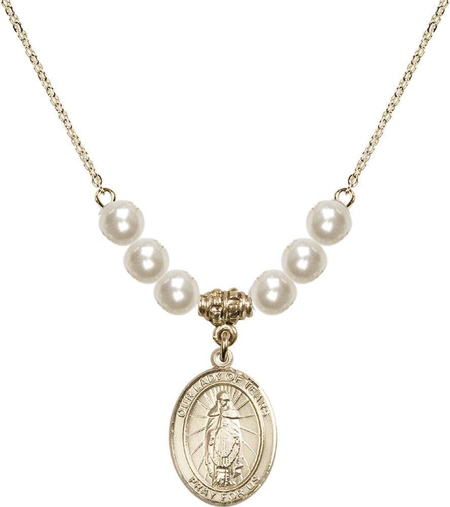 14kt Gold Filled Our Lady of Tears Birthstone Necklace with Faux-Pearl Beads - 8346