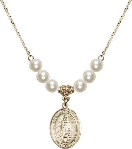 14kt Gold Filled Our Lady of Tears Birthstone Necklace with Faux-Pearl Beads - 8346