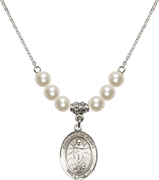 Sterling Silver Our Lady of Tears Birthstone Necklace with Faux-Pearl Beads - 8346