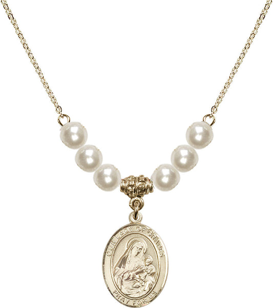 14kt Gold Filled Our Lady of Grapes Birthstone Necklace with Faux-Pearl Beads - 8347