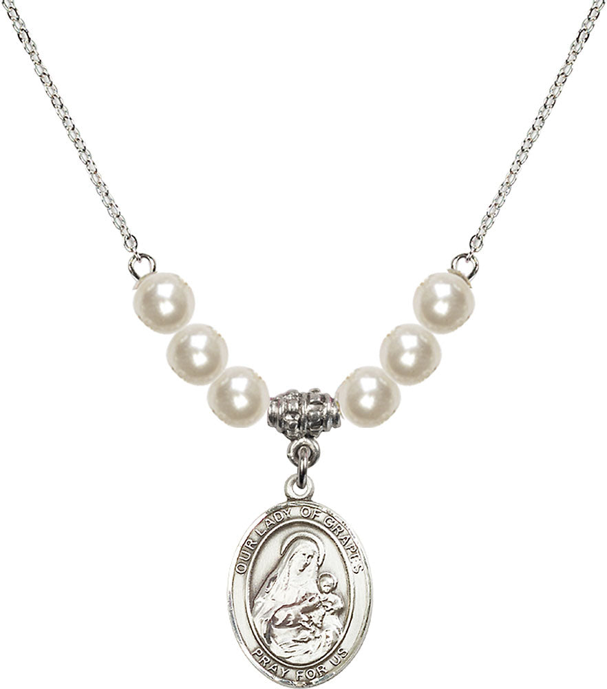 Sterling Silver Our Lady of Grapes Birthstone Necklace with Faux-Pearl Beads - 8347