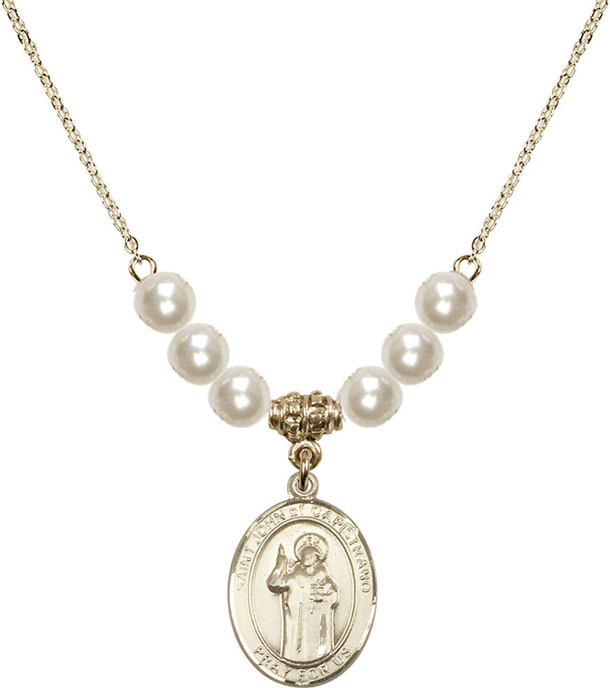 14kt Gold Filled Saint John of Capistrano Birthstone Necklace with Faux-Pearl Beads - 8350