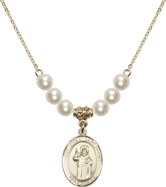 14kt Gold Filled Saint John of Capistrano Birthstone Necklace with Faux-Pearl Beads - 8350