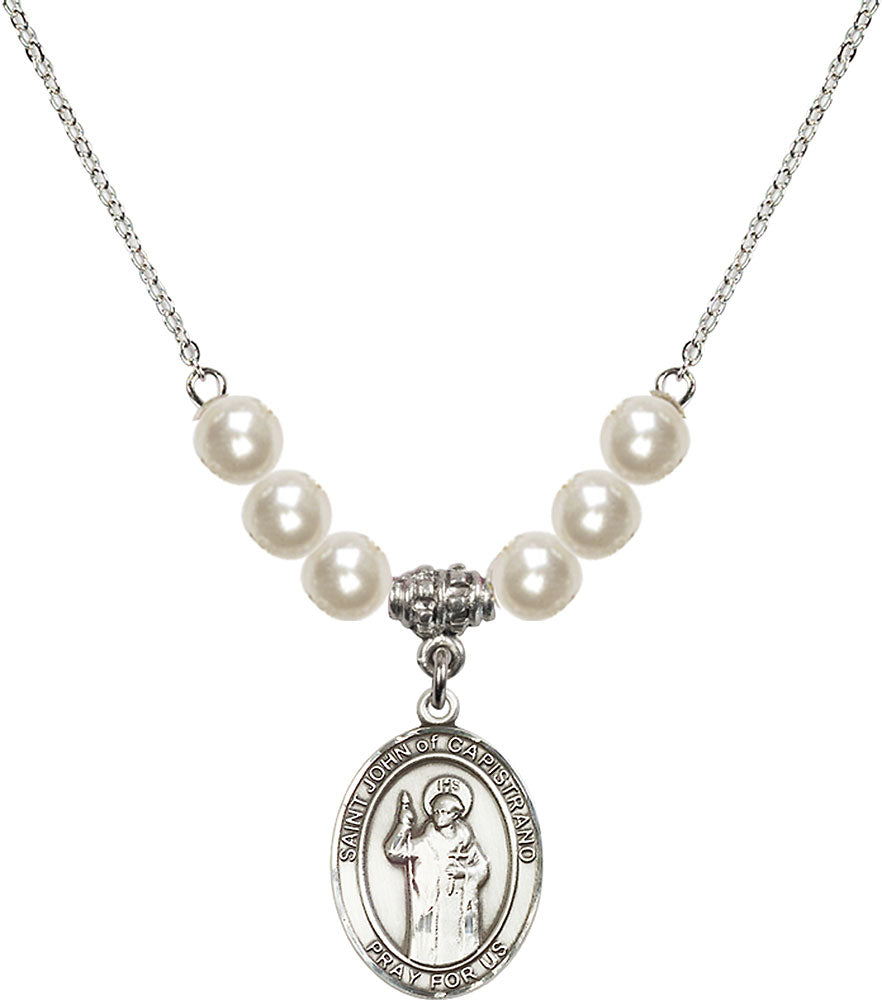 Sterling Silver Saint John of Capistrano Birthstone Necklace with Faux-Pearl Beads - 8350