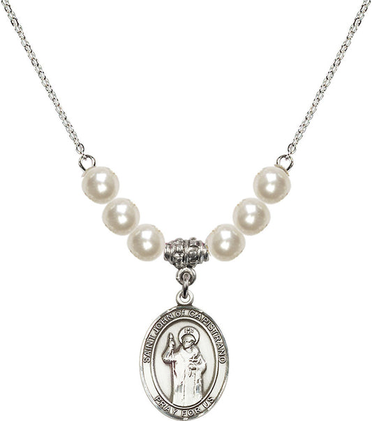 Sterling Silver Saint John of Capistrano Birthstone Necklace with Faux-Pearl Beads - 8350
