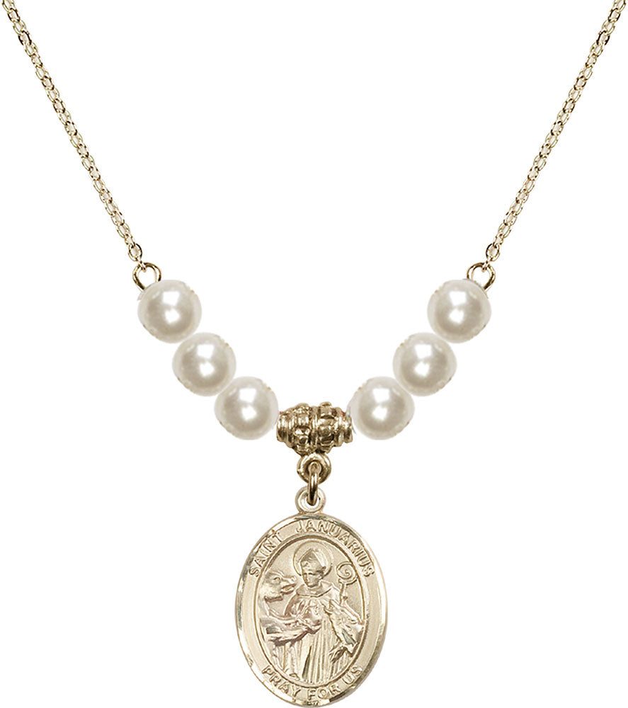 14kt Gold Filled Saint Januarius Birthstone Necklace with Faux-Pearl Beads - 8351