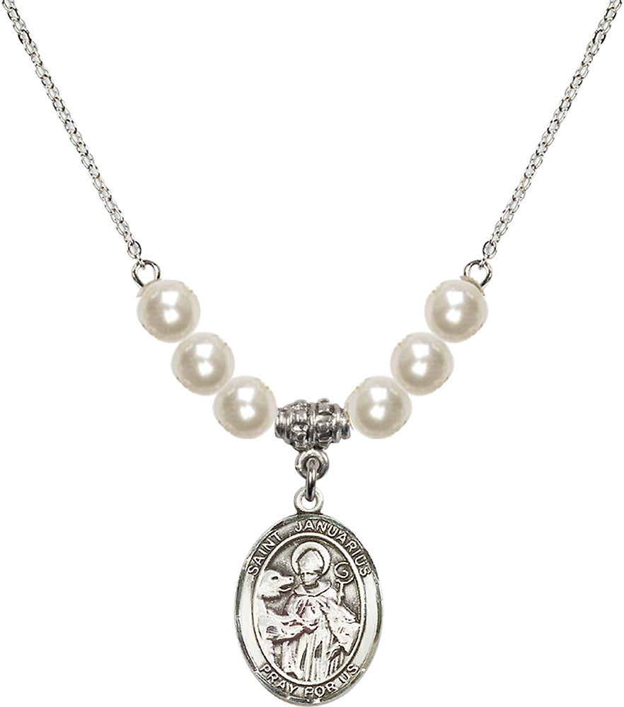 Sterling Silver Saint Januarius Birthstone Necklace with Faux-Pearl Beads - 8351